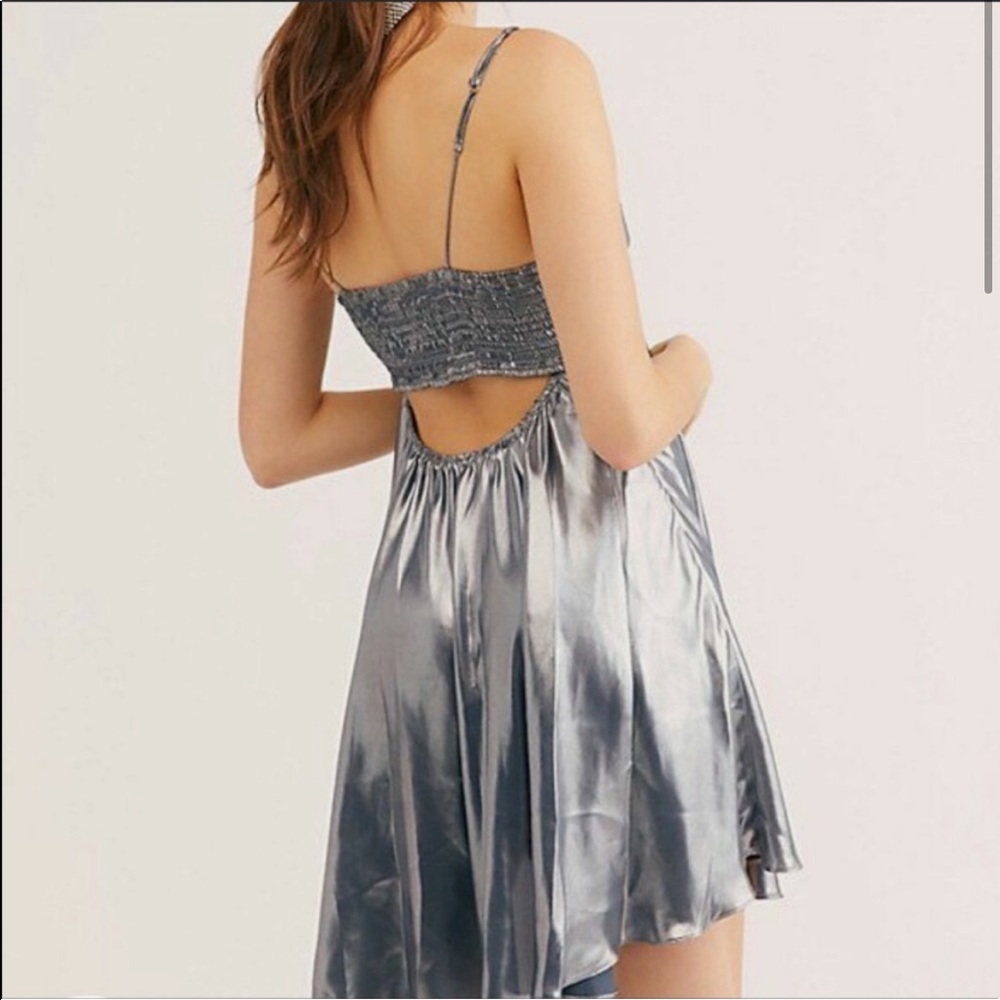 Free People Grey Metallic Just Dance Babydoll Slip Mini Dress